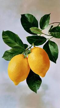 Vibrant Lemons Hanging From a Green Branch in Soft Natural Light photo