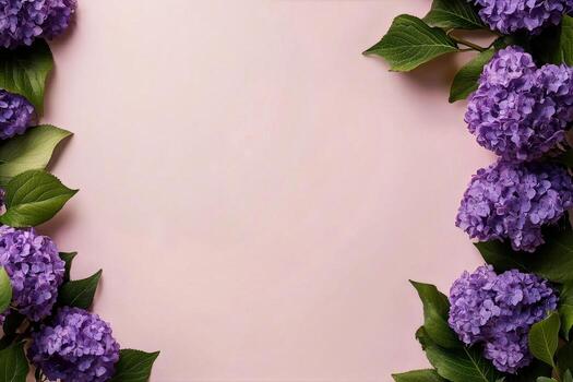 Purple Flowers Frame a Soft Pink Background With Greenery for a Vibrant and Aesthetic Arrangement photo