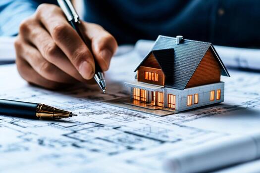 Designing a New House With Blueprints and a Miniature Model on a Work Desk photo