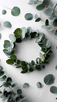 Eucalyptus Leaves Arranged in a Circular Wreath on a Plain Background for Decoration or Crafting photo