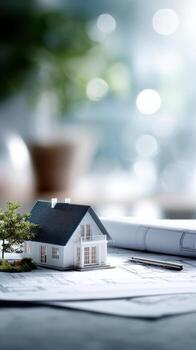 escala modelo de un casa en planos con natural ligero en un construcción espacio de trabajo foto