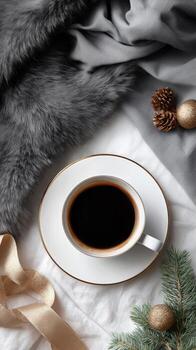 Elegant Coffee Setup With Blank Card and Decorative Elements on White Table photo