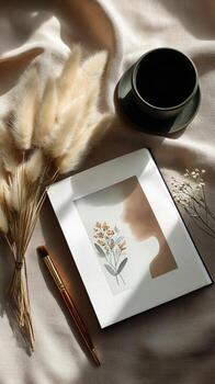 creativo espacio de trabajo con café, cepillar, y decorativo plantas conjunto para Arte proyecto foto