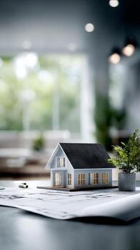 Miniature House Model on Architectural Blueprints in a Modern Workspace With Natural Light photo