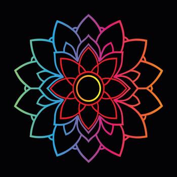Multi-color Gradient Geometric Flower Mandala Outline on Black Background vector