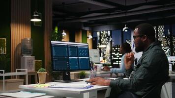 Office worker reviewing KPI metrics on monitor and analytics on desktop, building a vision and business strategy to accomplish objectives and success. Professional mindset after hours. Camera A. video