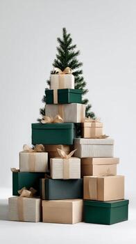 Decorative Arrangement of Gift Boxes Shaped Like a Christmas Tree on a Plain Background photo