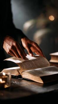 Quiet Moment of Reflection While Studying a Vintage Book in a Cozy, Softly Lit Room photo