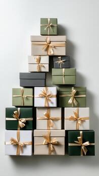 Gift Boxes Arranged in a Festive Tree Shape During the Holiday Season in a Modern Setting photo