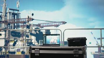 Laptop on offshore platform with software used to monitor equipment, identifying system faults. Notebook on drilling rig deck used to control offshore machinery and calibrate infrastructure video