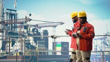 Woman on offshore platform deck doing site inspections using automated drone system. Drilling rig ship worker using aerial photography technology to determine optimal locations for pipelines, camera A video
