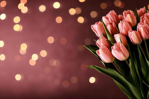 Bouquet of Pink Tulips With Soft Bokeh Background Creates a Romantic Atmosphere for Special Occasions photo