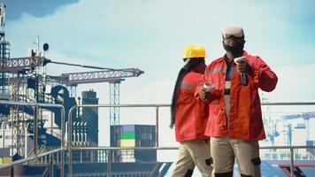 offshore plattform expert- övervakning däck operationer använder sig av virtuell verklighet teknologi. man arbetssätt för gas företag håller på med förebyggande underhåll på borrning rigg använder sig av vr glasögon, kamera en video