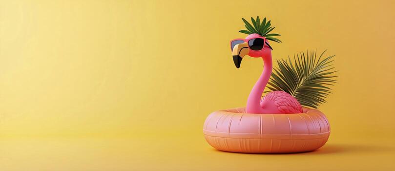 Bright Pink Flamingo Pool Float With Sunglasses and Palm Leaves Against a Cheerful Yellow Background photo