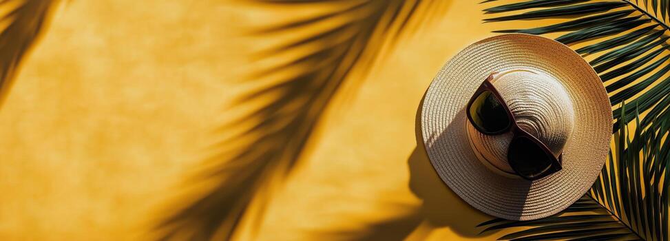 Relaxing Summer Vibes With a Straw Hat and Sunglasses on a Sunny Yellow Background photo