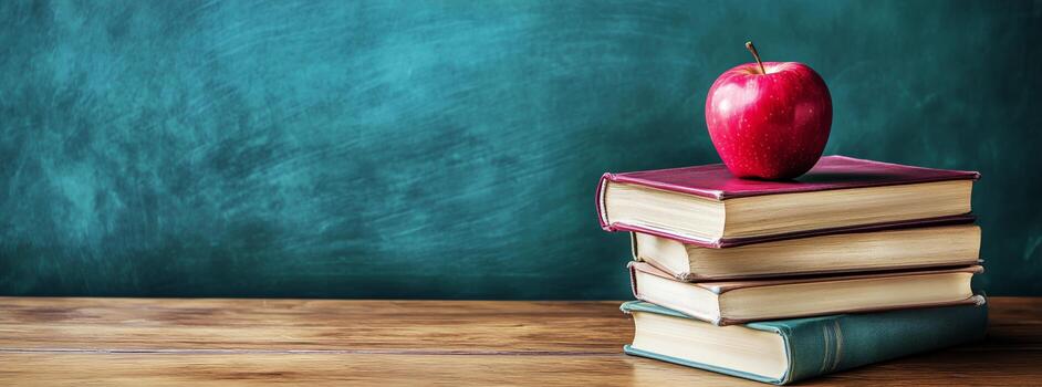 Books Stacked on a Wooden Table With a Red Apple on Top in a Classroom Setting photo