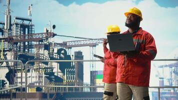 Mann Arbeiten zum industriell Off-Shore Plattform Überwachung Operationen auf Deck mit Laptop. afrikanisch amerikanisch Bohren rig Mitarbeiter Überprüfung Energie Operationen mit Notizbuch, Kamera ein video