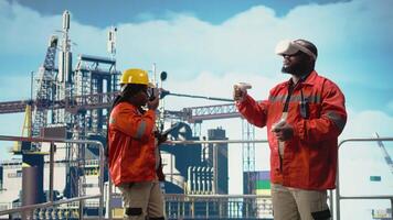 al largo piattaforma tecnico indossare vr googles coordinamento operazione la logistica. perforazione impianto dipendente utilizzando virtuale la realtà simulazione Tech documenti sicurezza ispezioni e rischio rapporti, telecamera un' video