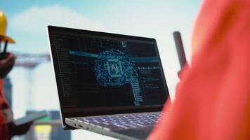 Close up of offshore platform worker using AI on laptop to refine operational efficiency. Engineer using artificial intelligence deep learning to monitor drilling rig production activities, camera A video