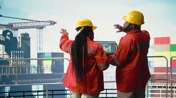 borrning pråm teknik team på däck studerar geologisk Kartor till lokalisera fossil bränsle insättningar. offshore plattform lagarbete kollegor prestera webbplats bedömning använder sig av digital kartläggning teknik, kamera en video