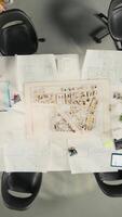 Vertical Top down view zoom in of developers and architects in business meeting reviewing blueprints and structural designs. Team discusses redevelopment and city planning for housing growth. Camera A. video