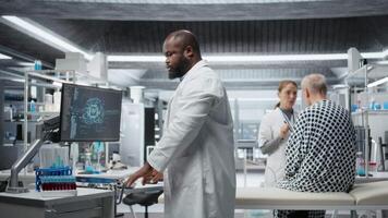 Scientist performs laboratory experiment with AI tech tools with patient, analyzing drug dosage and potential allergic reaction. Gathering data for healthcare breakthrough in pharmacology. Camera A. video