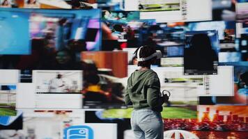 vr cuffia Ingranaggio Usato di persona per Guarda a Internet canali, isolato al di sopra di digitale sfondo. donna godendo illimitato metaverso soddisfare utilizzando virtuale la realtà tecnologia, telecamera un' video