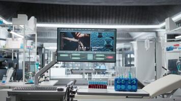 Clean empty science institute lab designed for experimentation and observation, symbolizing prevention, toxicology studies and biotechnology development focused on medical safety and innovation. video