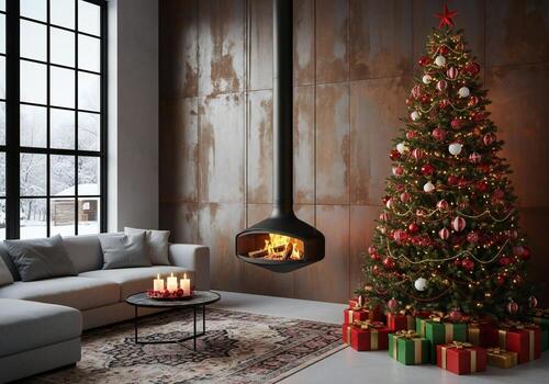 Christmas background, Christmas wallpaper, Festive Christmas tree with ornaments and lights in a modern living room with a fireplace and snowy window view photo