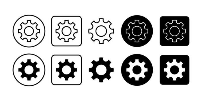 Settings Gear Black Icon Bundle for Configuration Adjustment and Control Symbol in Minimal Design vector