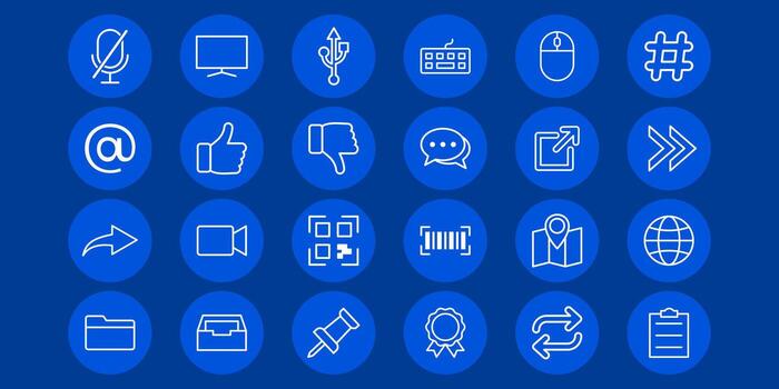 moderno azul redondo línea icono paquete con comunicación y tecnología símbolos me gusta micrófono, USB, correo electrónico, charlar, , mapa, y más. Perfecto para aplicación, web, social medios de comunicación, y digital diseño. limpiar y mínimo. vector