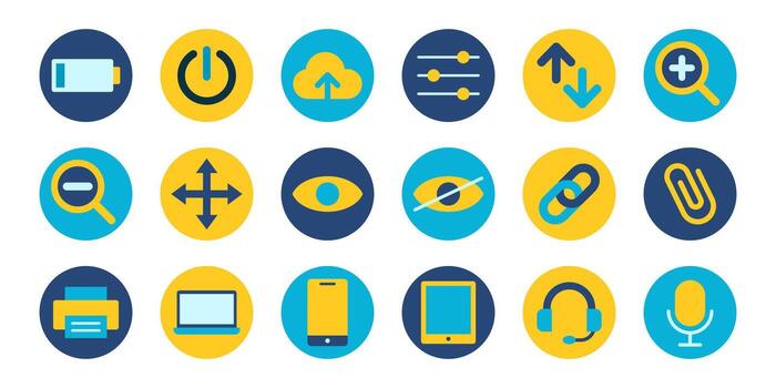 Modern flat round icon pack in blue and yellow theme with interface and tech symbols like battery, upload, settings, link, and more. Perfect for app, web, and digital design projects. vector