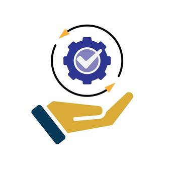Automation icon. AI. Gear with a check mark and two circular arrows in hand. automatic, manager, web. Flat design style. vector