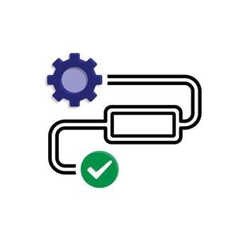flujo de trabajo icono. automatizado gestión. engranaje con rectángulo en pista y cheque marca. desencadenar nodo, datos herramienta, tecnología. mezclado diseño estilo vector