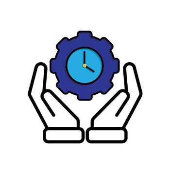 Automation icon. Artificial intelligence. Gear with a clock in the middle in two hand. automatic, manager, web. Mixed design style. vector