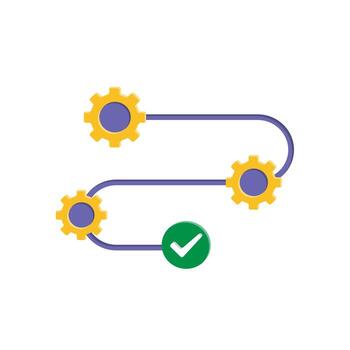 workflow icons. automated management. gears on the track and checkmarks at the end. trigger node, data tool, technology. isometric design style vector