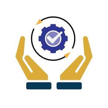 Automation icon. AI. Gear with a check mark and two circular arrows in two hand. automatic, manager, web. Flat design style. vector