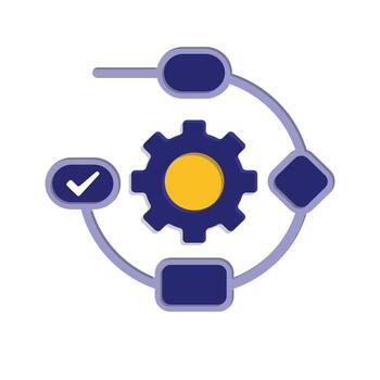 workflow icon. automated management. gears surrounded by flow chart symbols. trigger node, data tool, technology. isometric design style vector