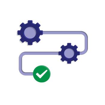 workflow icons. automated management. two gears on a track and a checklist. trigger node, data tool, technology. isometric design style vector