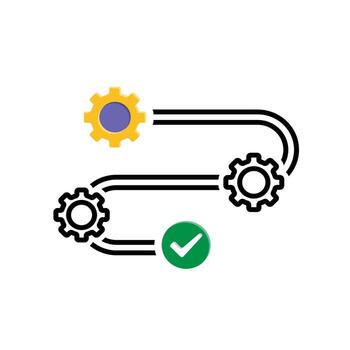 flujo de trabajo iconos automatizado gestión. engranajes en el pista y marcas de verificación a el fin. desencadenar nodo, datos herramienta, tecnología. mezclado diseño estilo vector