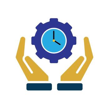 Automation icon. Artificial intelligence. Gear with a clock in the middle in two hand. automatic, manager, web. Flat design style. vector