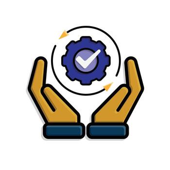 Automation icon. AI. Gear with a check mark and two circular arrows in two hand. automatic, manager, web. Isometric design style. vector