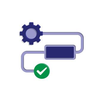 workflow icon. automated management. gear with rectangle on track and check mark. trigger node, data tool, technology. isometric design style vector