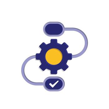 workflow icon. automated management. flow chart with gears in the middle of the path. trigger node, data tool, technology. isometric design style vector