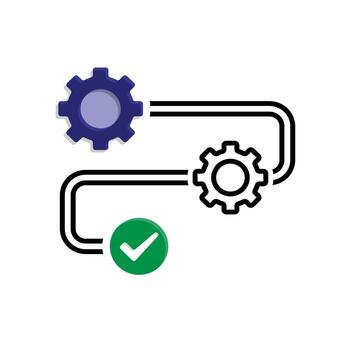 flujo de trabajo iconos automatizado gestión. dos engranajes en un pista y un Lista de Verificación. desencadenar nodo, datos herramienta, tecnología. mezclado diseño estilo vector