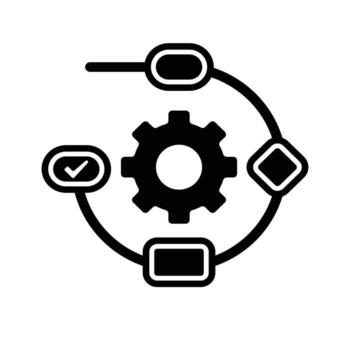 workflow icon. automated management. gears surrounded by flow chart symbols. trigger node, data tool, technology. Flat design style vector