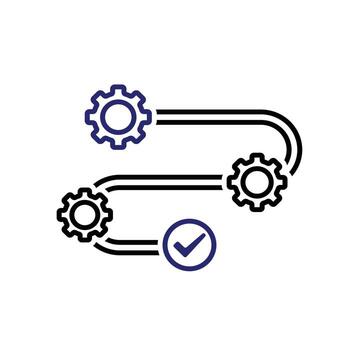 flujo de trabajo iconos automatizado gestión. engranajes en el pista y marcas de verificación a el fin. desencadenar nodo, datos herramienta, tecnología. contorno diseño estilo vector