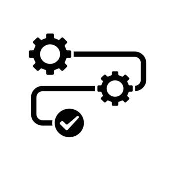 flujo de trabajo iconos automatizado gestión. dos engranajes en un pista y un Lista de Verificación. desencadenar nodo, datos herramienta, tecnología. plano diseño estilo vector