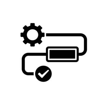 flujo de trabajo icono. automatizado gestión. engranaje con rectángulo en pista y cheque marca. desencadenar nodo, datos herramienta, tecnología. plano diseño estilo vector