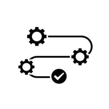 workflow icons. automated management. gears on the track and checkmarks at the end. trigger node, data tool, technology. Flat design style vector